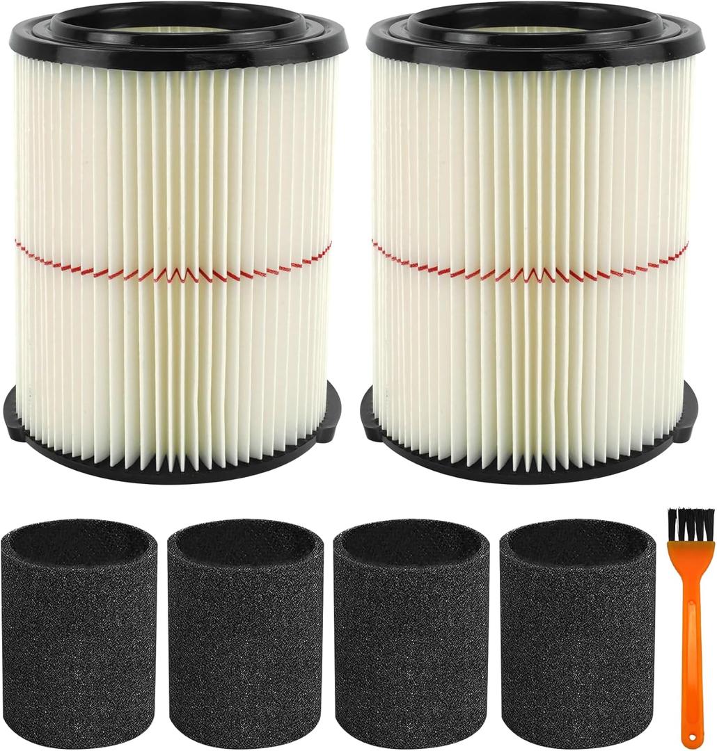 2 Pack 38754 Replacement Filters Fit for Craftsman CMXZVBE38754 fit 5-20 Gallon shop vacuum with 4 Pack Foam Sleeves and 1 Pack Brush