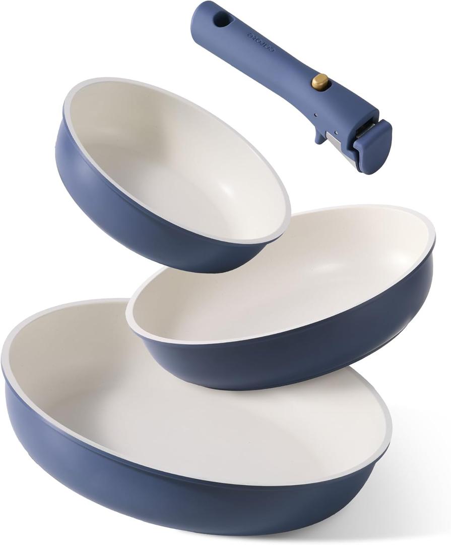 CAROTE 4pcs Non Stick Frying Pans, 8"+10"+12 Frying Pan Egg Pan Omelet Pans with Detachable Handle, Nonstick Cookware, PFOA Free, Induction Compatible & Oven Safe, Dishwasher Safe, Blue