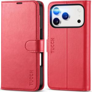 TUCCH Wallet Case for iPhone 17 Pro (6.3-Inch) 2025, RFID Blocking 4 Card Slots | Kickstand | Magnetic Closure | PU Leather | Shockproof TPU Shell | Protective Flip Folio Cover | Red