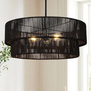 Black Boho Rattan Chandelier 23.6'' Hand Woven Chandelier Light Fixture 3-Light Farmhouse Drum Pendant Light for Dining Room Bedroom Kitchen Hallway Foyer