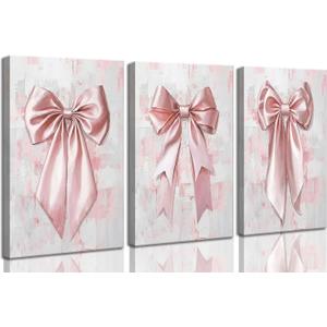 3Pcs Pink Bow Canvas Wall Art Trendy Coquette Preppy Bow Aesthetic Paintings Pictures Wall Decor Poster Print Artwork for Girls Room Bedroom Dorm Home Decoration (16"L x 12"W)