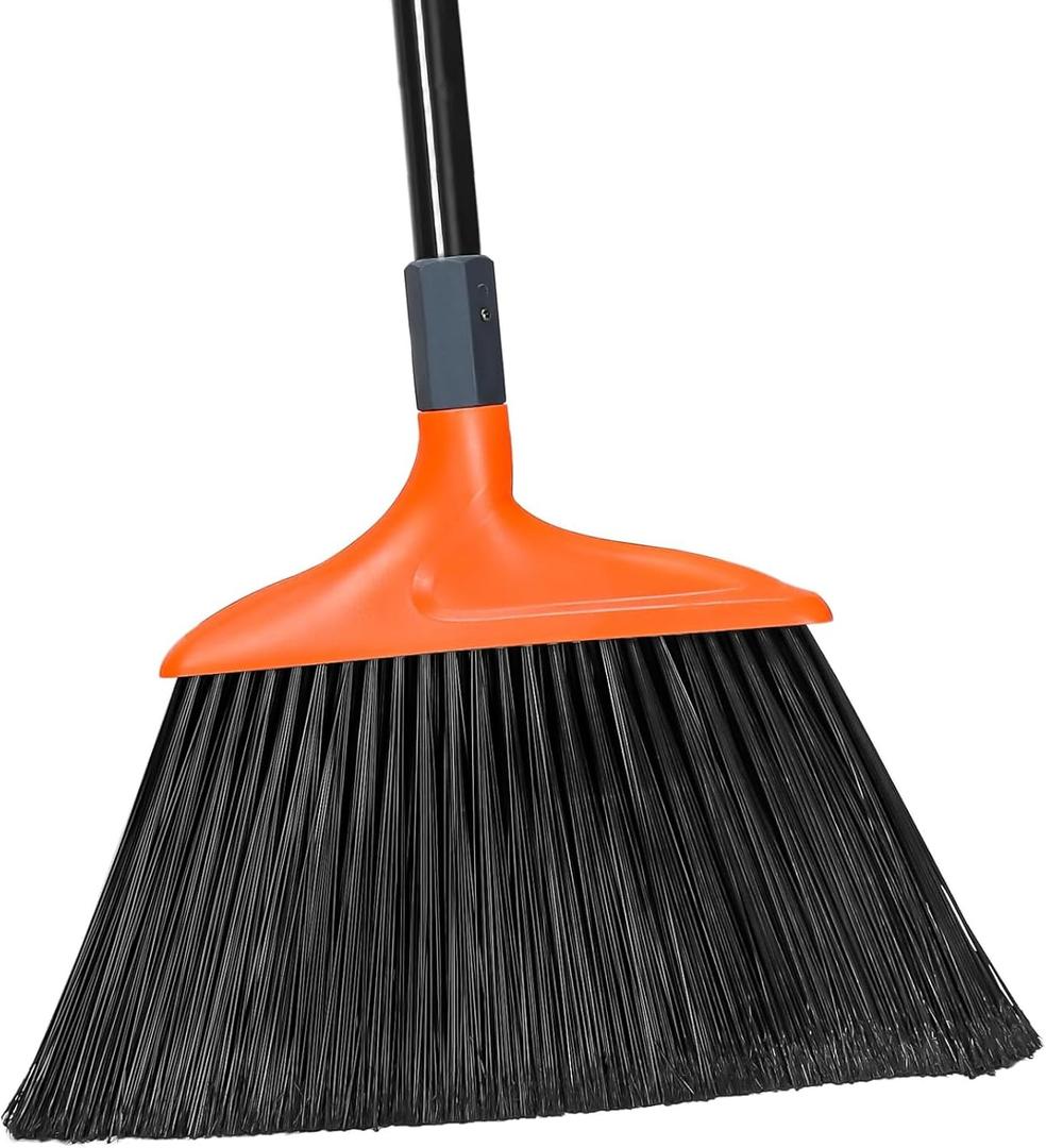 TreeLen Heavy Duty Outdoor Broom, Stiff Bristles for Garage, Driveway & Sidewalk  14.5 Wide, Ideal for Indoor/Outdoor Sweeping (Orange Long Handle Angle Broom)