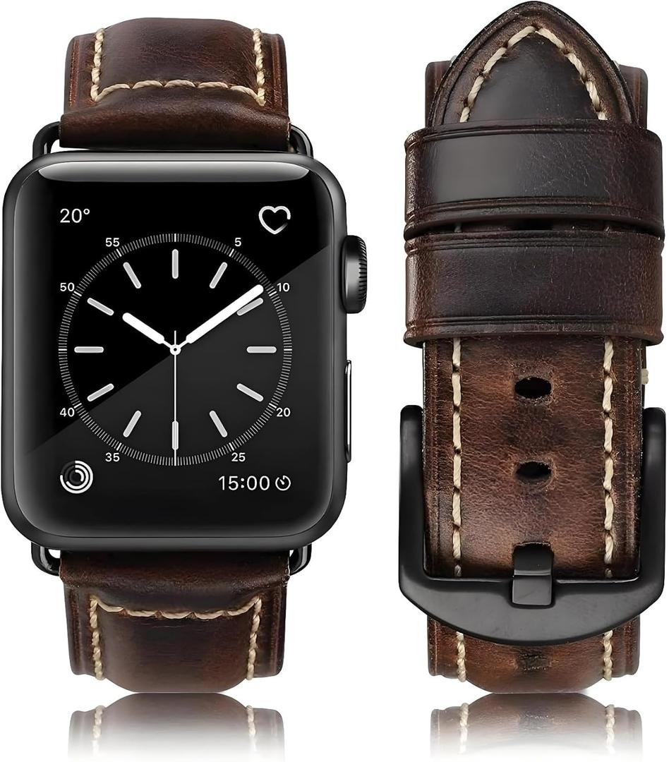 HUAFIY Compatible for Apple Watch Bands 42mm 44mm45mm46mm 49mm 38mm 40mm41mm, Genuine Leather Band Strap for iWatch Series 11/10/9/8,7,6,5,4,3,2,1, Ultra3 2 1 (Retro coffee Black Buckle)