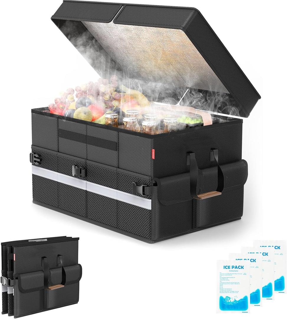 Cooler Bag Soft Travel Cooler Holds 45 Cans, Stays Cold for 8H & Warm for 7H Portable Car Trunk Organizer for Camping, Beach, Picnic-Black, X-Large