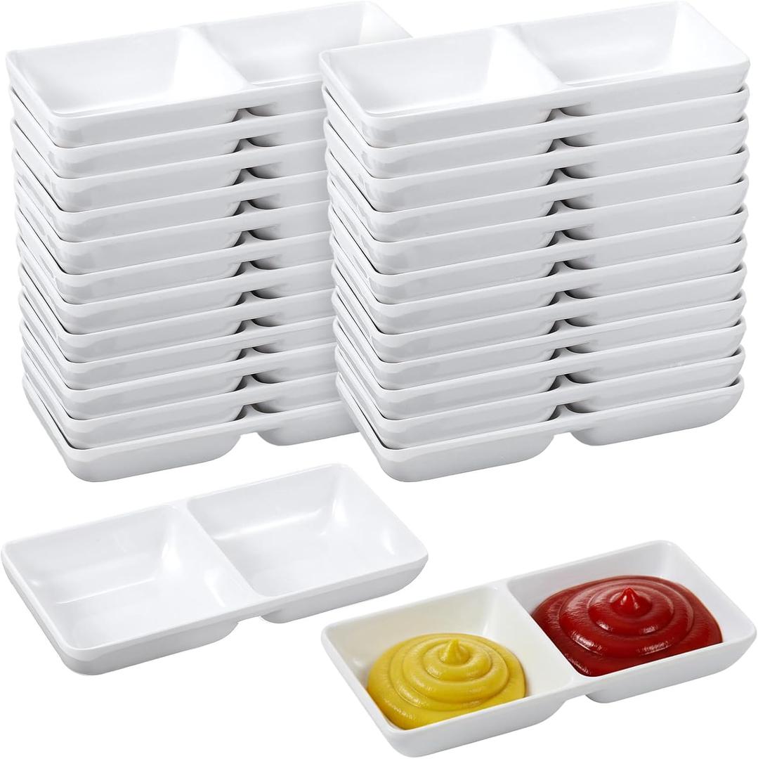 24 Pcs Dual Dipping Bowls, 5.7 x 2.7 Inch Melamine Soy Sauce Dish White Melamine Dipping Sauce Tray 2 Compartments Divided Fondue Plates for Restaurant, Kitchen, BBQ, Ketchup