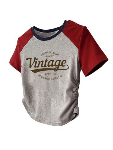 SweatyRocks Women's Color Block Letter Print T Shirt Crewneck Short Sleeve Vintage Summer Tops Grey Small