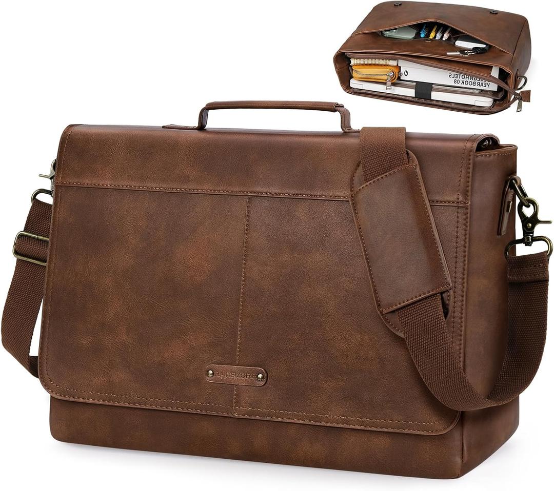 RAINSMORE Vintage Flap Messenger Bag for Men PU Leather Laptop Bag 15.6 Inch Mens Briefcase Waterproof Satchel Computer Bag (Brown)