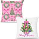 Chinoiserie Porcelain Christmas Tree Lumbar Pillow Covers 18x18 Set of 2 Chinoiserie Pillow CoverPink Bow Chinoiserie Christmas Wreath Pillow Covers for Home Sofa Livingroom (Color-05)