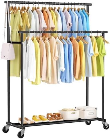 STARLATTA Double Rods Clothes Rack, Black Rolling Clothing Racks for Hanging Clothes, Metal Portable Garment Rack for Bedroom, Cloakroom, Laundry room