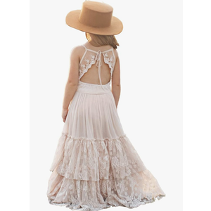 BIBIHOU Girls Kids Lace Back Full-Length Backless Tulle Party Holiday Formal Flower Girl Dress, Size 6 years