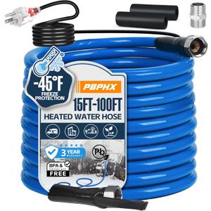 15FT Heated Water Hose for RV,Heated Drinking Water Hose with Thermostat,Lead and BPA Free,1/2"Inner Diameter,Temperatures Down to -40F Self-Regulating,Blue Appearance