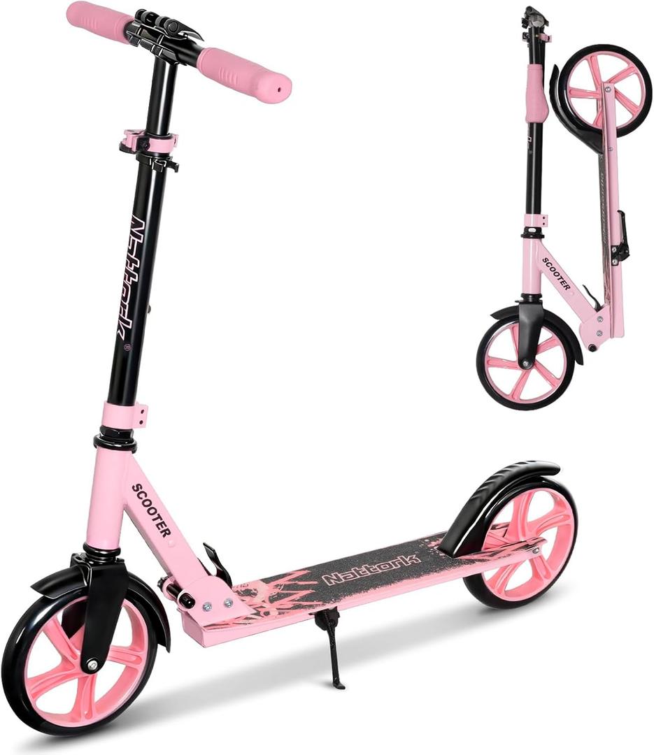 Nattork Scooter for Kids 6+, Teens and Adults- Adjustable Height Folding Kick Scooter with Large Sturdy Wheels for a Smooth Ride, Lightweight, Anti-Shock Suspension for Boys and Girls