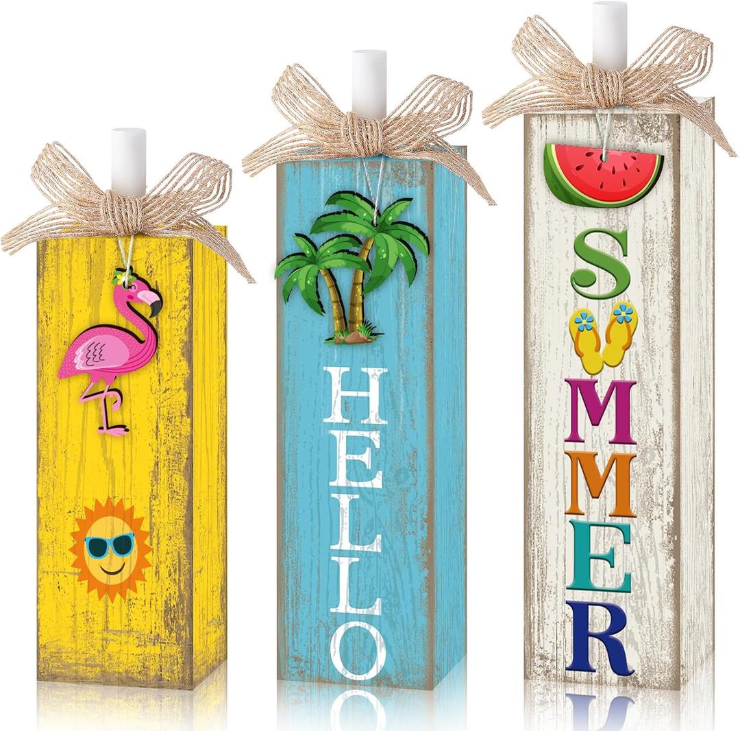 Yousoontic 3 Pcs Summer Table Block Signs Tropical Watermelon Flamingo Centerpiece Hello Summer Hawaiian Decorations for Tiered Tray Decor Home Office Kitchen Mantel Shelf Indoor (Tropical)