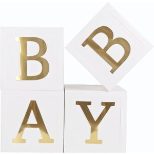 CJT Baby Shower Boxes Party Decorations - 4pcs Stereoscopic White Boxes with Gold Letters, Baby Party Boxes Baby Block for Teddy Bear Baby Shower