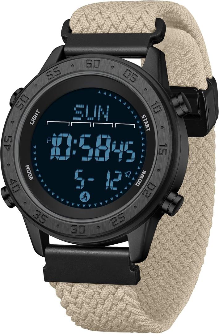 Men's Pedometer Step Counter Watch Military Compass Watches Nylon Strap Digital Sport Waterproof Tactical Wrist Watch Calories Tracker Metronome Watches Dual Time LED Stopwatch, No Bluetooth No App