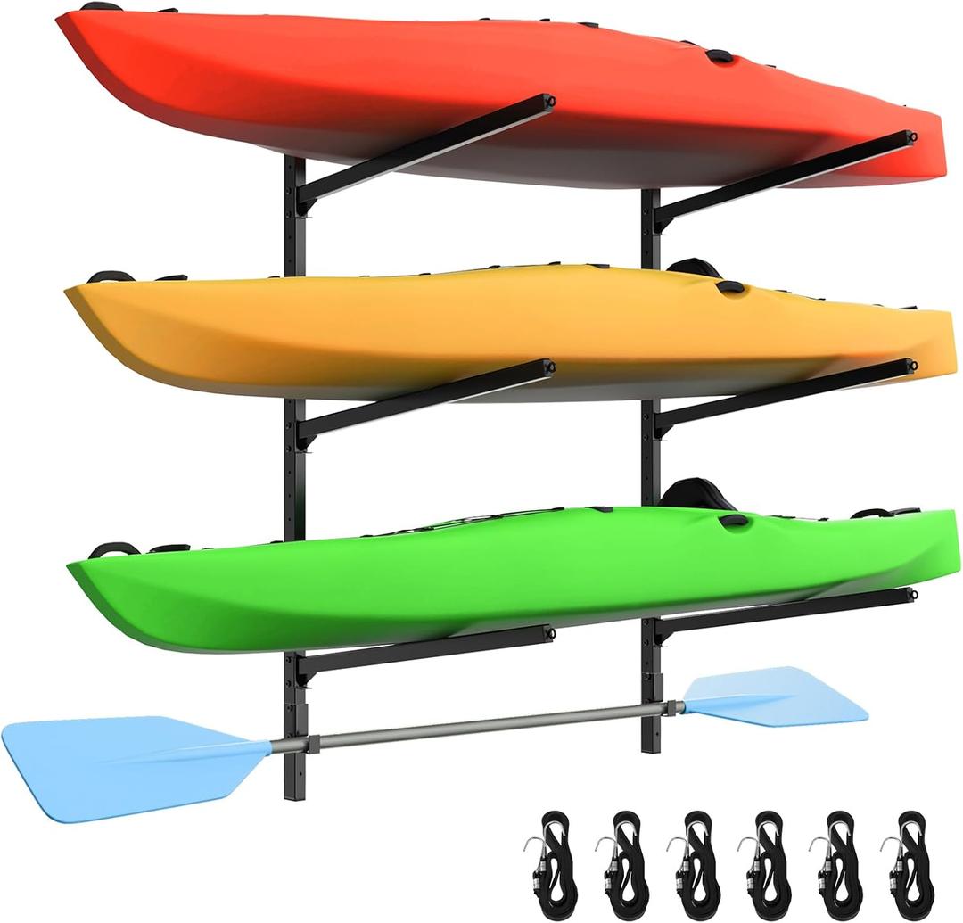 Kayak Storage Rack, Kayak Wall Mount Rack, Kayak Rack for Garage, 3 Tier Adjustable Kayak Racks for Hanging Indoor Outdoor Holds 300 LBS