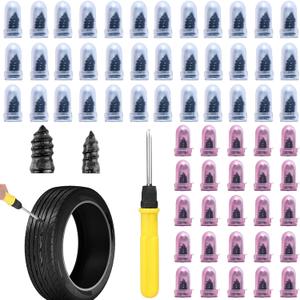 61 Pcs Tire Repair Kit with Screwdriver & Storage Box, Rubber Screw in Tire Plugs for Flat Fix, Glue-Free Vacuum Nail Puncture Repair Tool for Car, Motorcycle, Truck & ATV (Black)