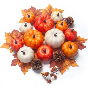 Pumpkin Decor Set, 22 PCS Fall Harvest Decorations - Orange Artificial Pumpkins, Pine Cones, Berries, Maple Leaves for Thanksgiving Farmhouse Fall Wedding Home Table Centerpiece Decor