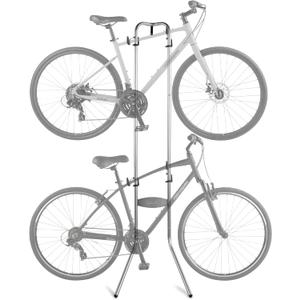 Retrospec Double Decker Vertical Garage Bike Rack - Free Standing Floor Storage Stand for 2 Bikes, 80lb Capacity, No Drilling Required - Adjustable Arms & Rubber Bumpers (Silver)
