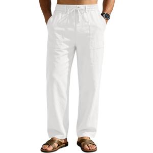 Linen Pants Men Casual Elastic Waist Drawstring Loose Straight with 4 Pockets (White, XL)