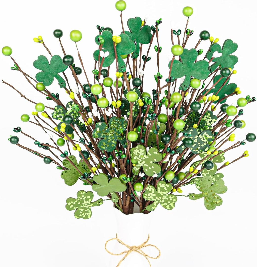 St Patricks Day Decor, 6 Pcs Shamrock Stems, Shinning St Patricks Day Decorations Ornaments, Wooden Shamrock Picks Boquet for St. Patrick's Day Decorations