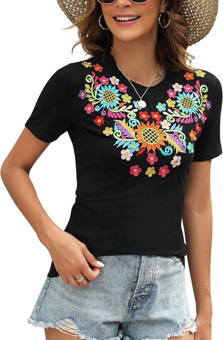 Mexican Shirts for Women Embroidered Tops Traditional Summer Blouse Women's Floral Tunic Round Neck Short Sleeve (Medium, Pattern Sunflower Black)