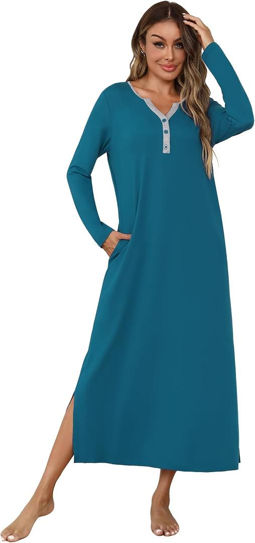 Marvmys Womens Long Sleeve Nightgowns Long Button Up Night Gown Henley V Neck Full Length Sleep Shirts with Pocket (Blue, XL)