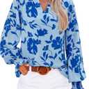 MASCOMODA Womens V Neck Floral Long Sleeve Tops 2025 Summer Casual Loose Puff Sleeve Chiffon Boho Work Blouse Dressy T Shirts (Blue, M)