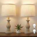 Vintage Table Lamp for Living Room Bedroom, 18.5" Farmhouse Bedside Lamps Nightstand Lamp Set of 2, Table Lamps with Oatmeal Linen Lamp Shades, 2 LED Bulbs Included, White Stripe