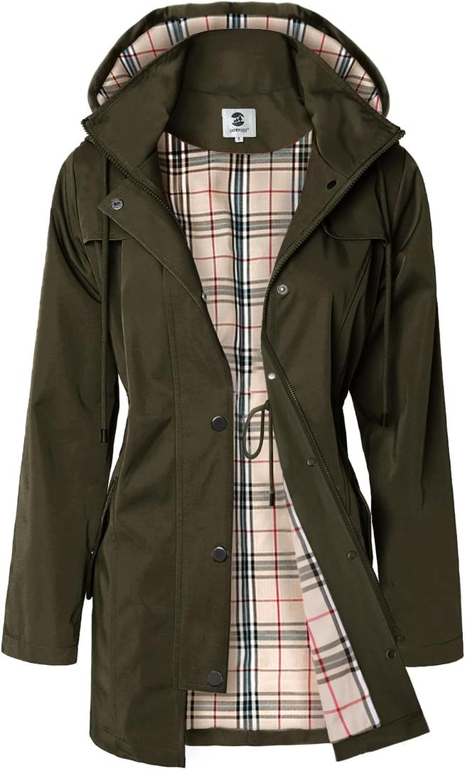 SaphiRose Women's Long Hooded Rain Jacket Outdoor Raincoat Windbreaker (X-Large, Army-green)