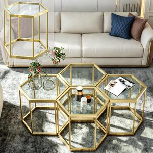 Hexagonal Modular Coffee Table, Gold Plated Frame, Tempered Glass Top, Geometric Accent Side Table, Multi-Purpose Nesting Table for Living Room Bedroom, Set of 1, 1 Piece