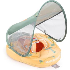 Mambobaby Float Add Tail Baby Swim Float with Canopy Solid Pool Infant Swim Trainer Swimming Training Lying Air Free Water Floats Non-Inflatable Waist Swim Ring for Toddlers (Pumpkins), Medium