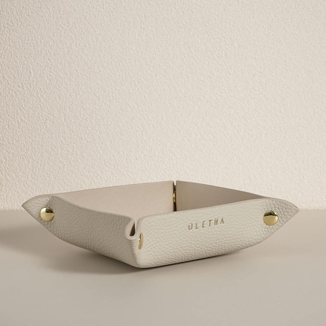 OLETHA Small Foldable Valet Tray, Travel Essentials for Women, Portable Catchall Organizer for Jewelry & Keys, for Hotel Nightstands, Home Office & Desk, Aesthetic Faux Leather, Light Taupe