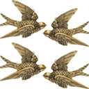 4 Pcs Vintage Bird Wall Sculpture Decor Art 4.7 Inch Antique 3D Sculpted Hanging Bird Resin Wall Art Golden Brass Floating Ornament for Living Room Garden Outdoor, Gifts for Couples Housewarming (Symmetry)