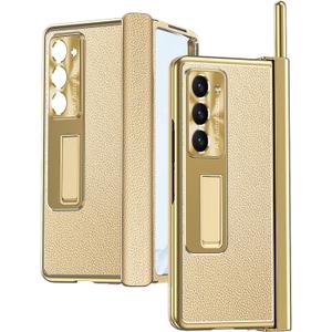Miimall for Samsung Galaxy Z Fold 5 Case with S Pen, Z Fold 5 Case+Stylus Pen with Pen Holder+Tempered Glass Screen Protector+All-Inclusive PU Leather Case for Galaxy Z Fold 5 2023(Gold)