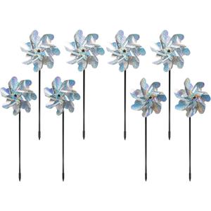 BIRD BLINDER 8-Pack Bird Deterrents for Outside - Reflective Pin Wheels for Garden and Yard - 7 x 19 in Holographic Windmills for The Yard Garden - Durable Outdoor Bird Deterrent Spinners - Silver