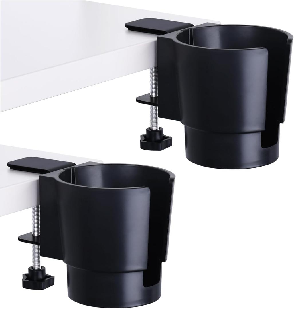 Universal Large Desk Cup Holder Clamp on, Heavy Duty Plastic Drink Holder for Table, Porch Swing, Patio Chair, Clip On Anti-Spill Bottle Holder for Most Cups, Bottles, Cans, Tumbles, Black, Pack of 2