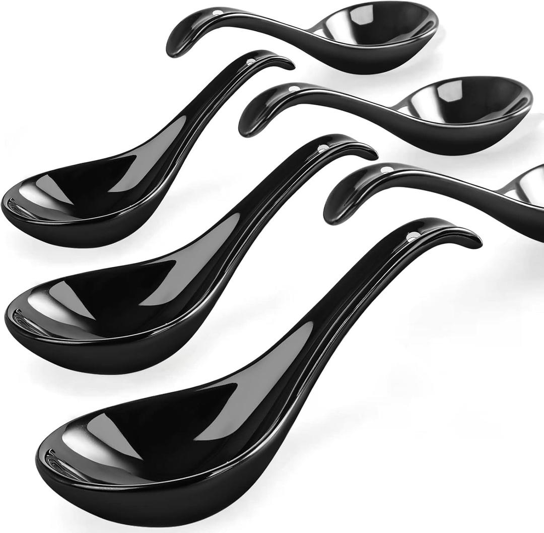 Black Ceramic Soup Spoons Set, 6.75 inch Deep Oval Hook Design, Dishwasher Safe - Perfect for Ramen, Pho, Noodles, Stews, Wonton, Dumpling, Miso
