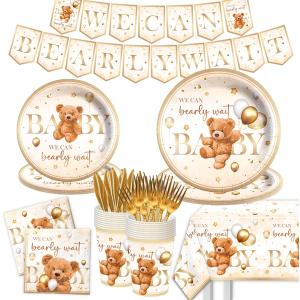 Bear Baby Shower Decorations for Boy-142Pcs We Can Bearly Wait Tableware,Brown Bear Theme Plates and Napkins Set Serves 20 Guests,Bear Baby Shower Birthday Party Supplies