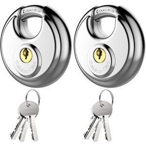Puroma Keyed Padlock, Stainless Steel Discus Lock Heavy Duty Locks with 6 Keys, Waterproof and Rustproof Storage Lock with 3/8 Inch Shackle for Warehouse, Garage, Storage Locker, and Outdoors (2 Pack) (Large, Silver)