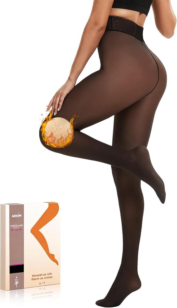 Arkim Fleece Lined Tights S/ M/ L Crotch 1 Seam Line True Translucent Thermal Tights Winter Leggings Pantyhose Sheer Tights(Black-Fleece, M)