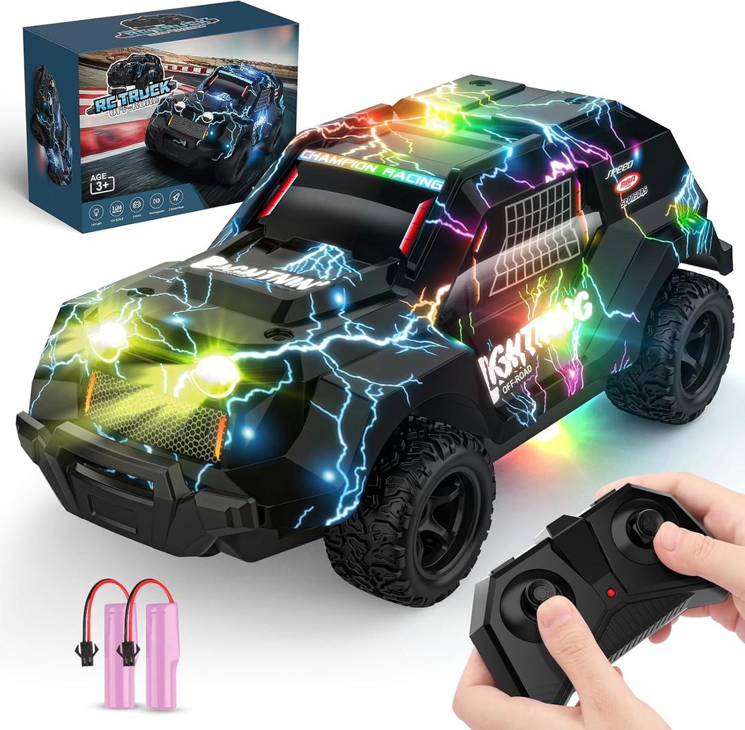 Remote Control Off Road RC Car for Kids - Cool Light Up 1/24 Scale Hobby Truck Race Car Toy Gifts for 3-8 Year Old Boys