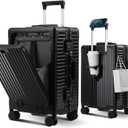 Carry on Luggage Aluminium Frame with Cup Holder,Top opening Suitcases and USB Charging Port,Lightweight with Front Pocket Rolling Suitcases with Spinner Wheels (Black, 20Inch)