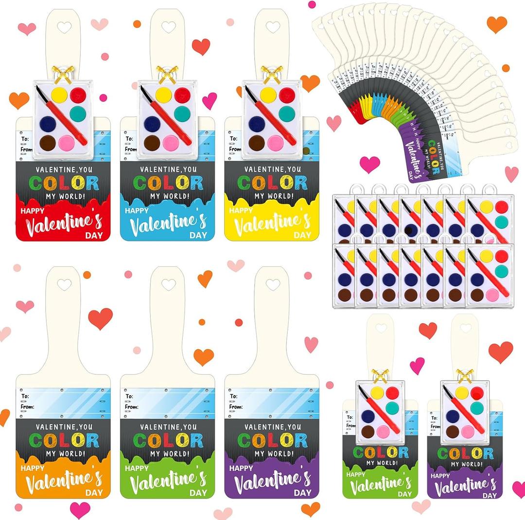 Noveread 24 Set Valentine's Day Gifts Watercolor Paint Sets with Cards Heart Shaped Watercolor Paint Sets for Valentines Party Favors Exchanges Gift (Fresh Style)