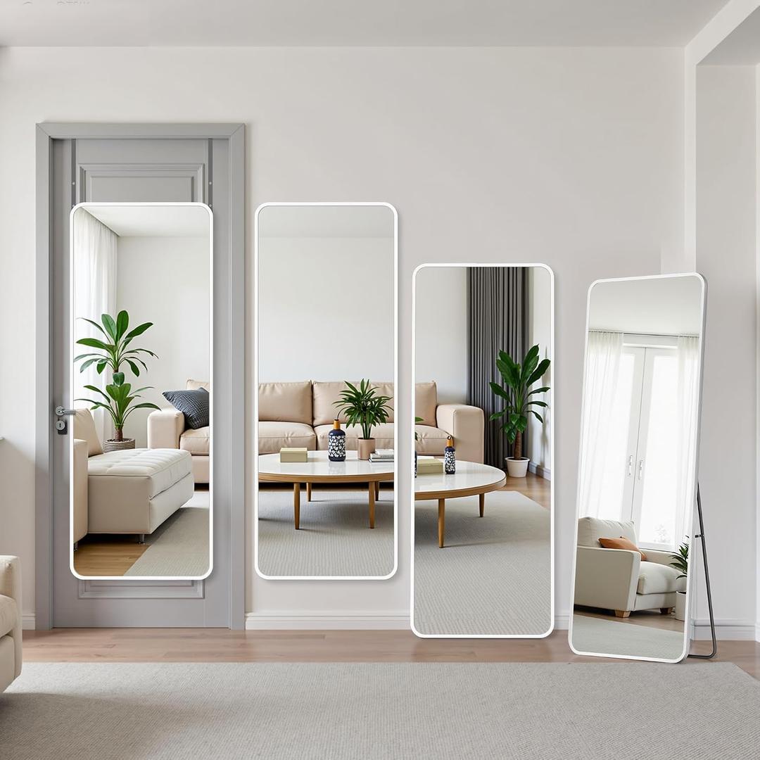 Suidia Full Length Mirror Over the Door&Wall Mounted, 48"x14" Door Mirror with Aluminum Alloy Frame, HD Shatterproof, No-Drill, Hanging Mirrors for Bedroom, Bathroom, Dorm, Closet, Rounded Rect, White