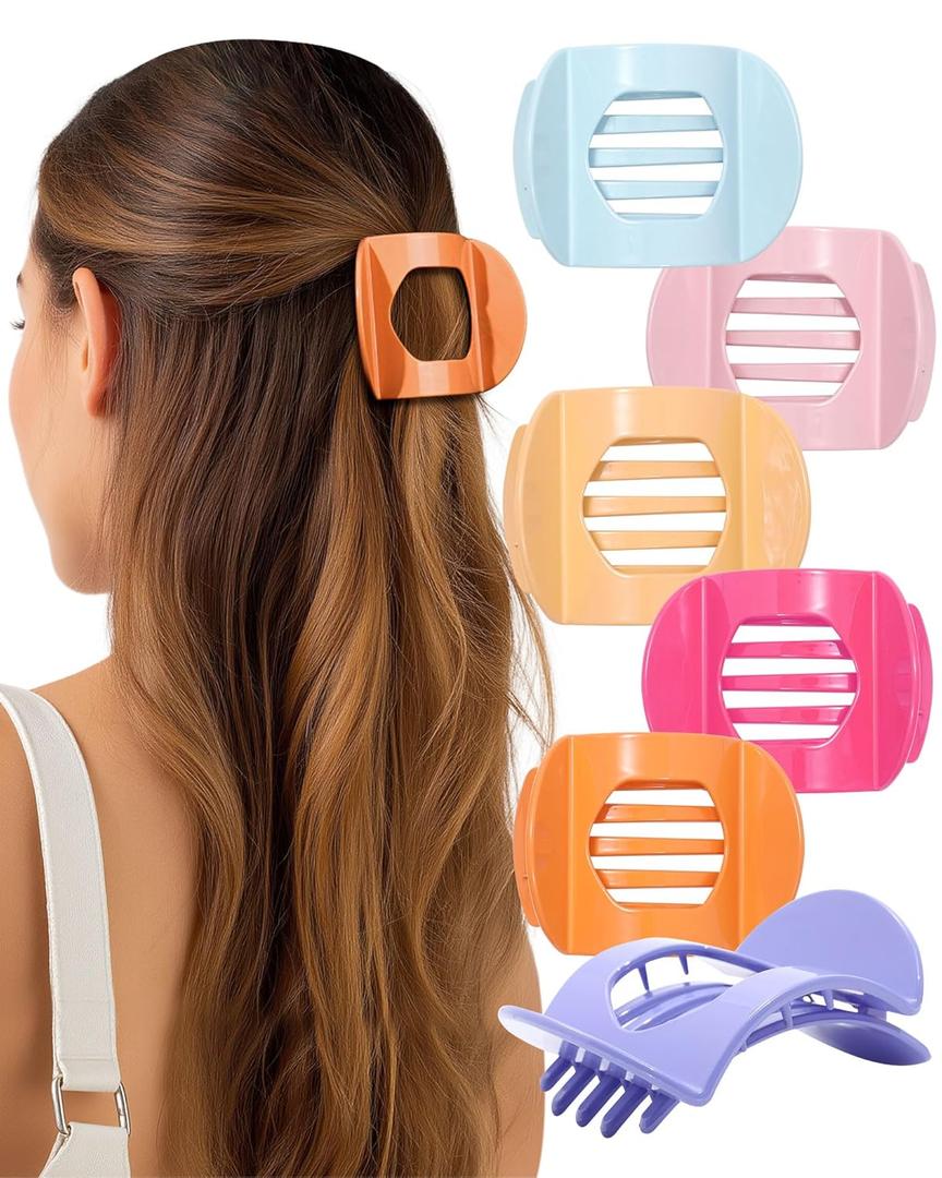 AWAYTR 6Pcs Flat Hair Clips for Women Strong Grip Curved Claw Clip for Thin Hair Non-slip Plastic Hair Barrettes (Orange+Lavender+Pink+Ginger+Rose Red+Light Blue)