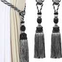 Fenghuangwu 2Pcs Curtain Tiebacks Tassel Tie-Backs, Elegant Curtain Tie Backs Holdbacks for Decor-Black (style-1)