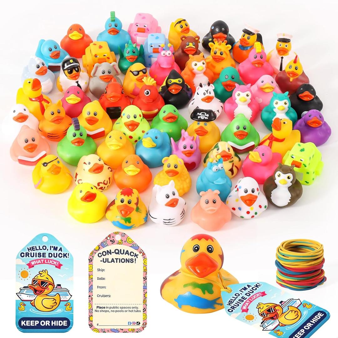 100 Pcs Cruise Rubber Ducks Kits Include 30 Pcs Cruise Ducks 30 Pcs Cruising Duck Tags and 40 Pcs Rubber Bands, Bulk Ducks for Jeep Cruise Ships Hiding Carnival Ducking Gift Christmas Stocking Stuffer