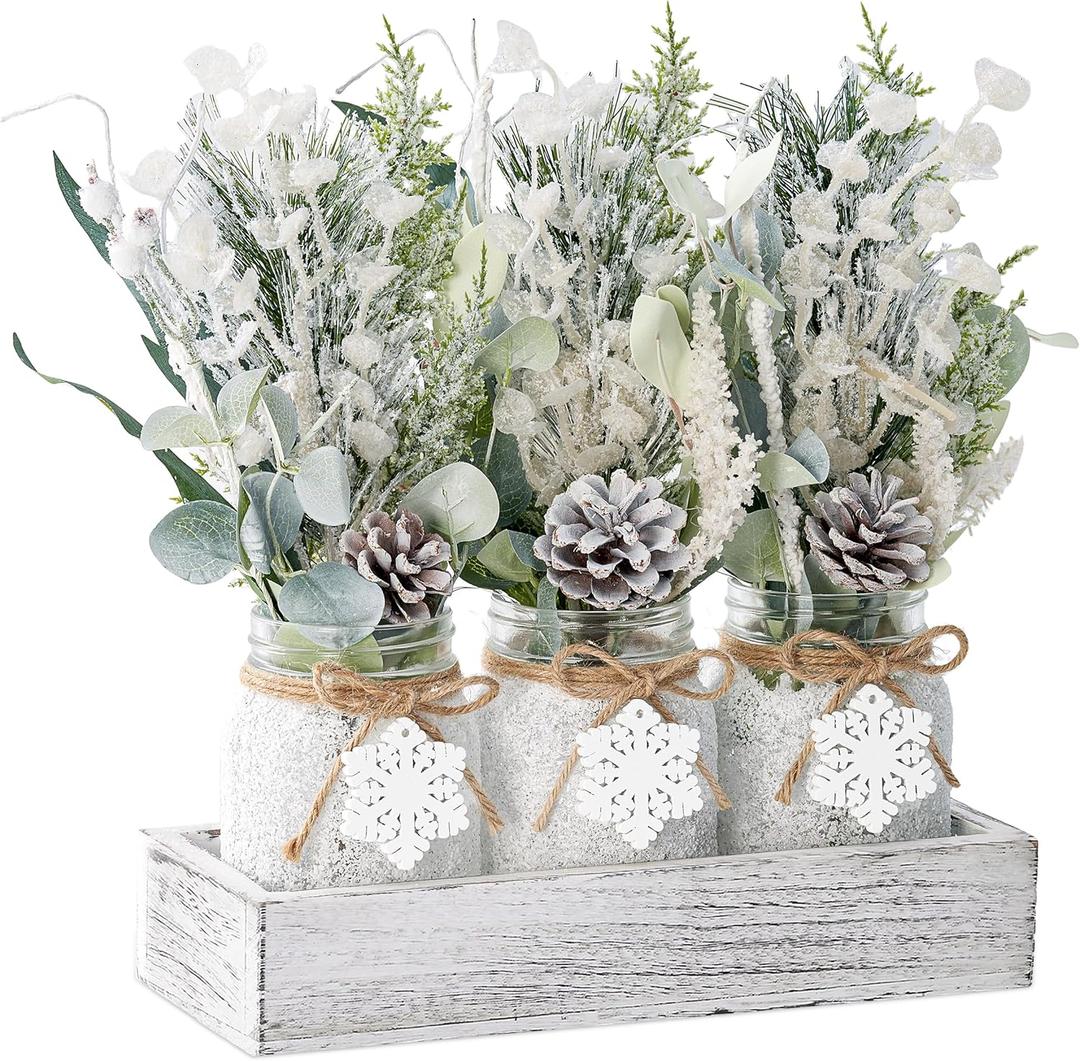 Winter Centerpieces for Tables, Table Decor with Mason Jar, Flowers Picks, Farmhouse Wood Tray, Snowflake Sign, 22 Pcs Christmas Winter White Wonderland Table Decorations Centerpieces for Home