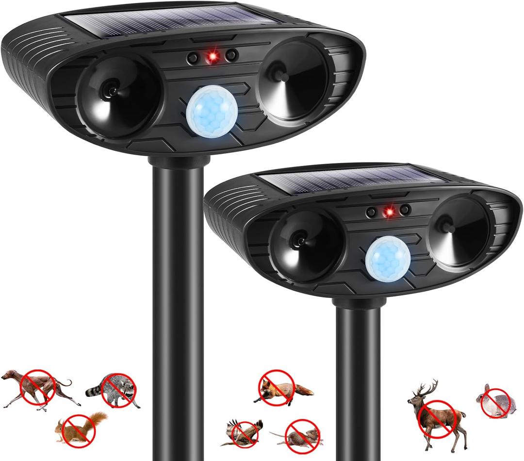 2 Pack 2025 Deer Repellent Device Ultrasonic Animal Repellent Outdoor Solar Animal Repeller with Motion Detection Cat Repellent Outdoor to Scare Raccoon Coyote Squirrel Skunk Rabbit Fox